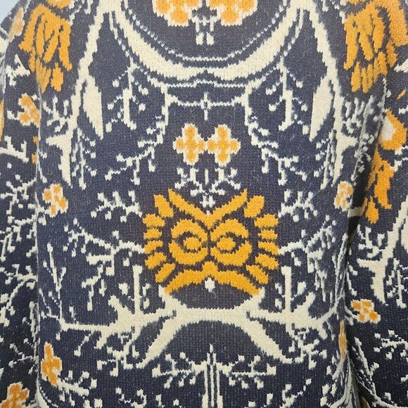 MAXSPORT Sweater Coat Med Navy Gold Floral Nordic Scandinavian Open Front Thick - Picture 2 of 7